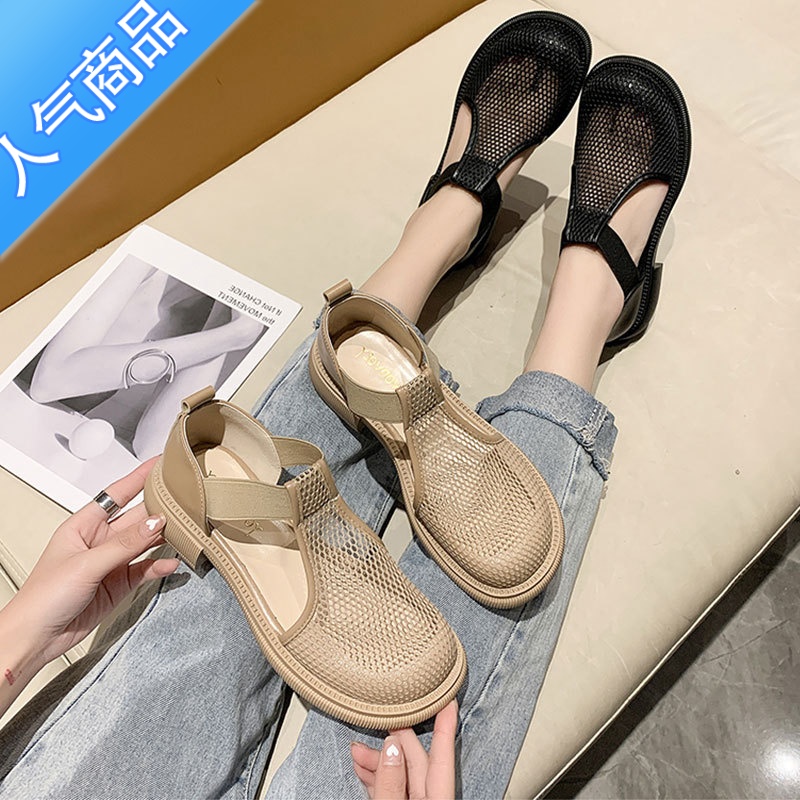 SUNTEK小众凉鞋女2023年夏季新款百搭网红时尚透气粗跟包头松紧百夏NK高清大图