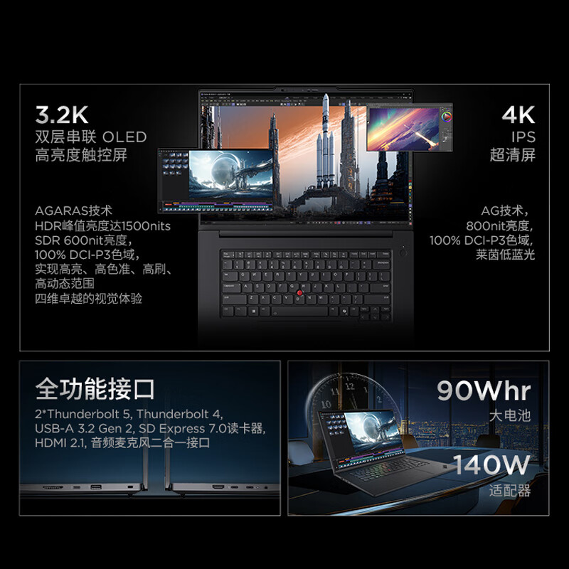 ThinkPad P1 酷睿Ultra9-285H 16英寸联想高性能移动工作站笔记本电脑 32G 1T 4K RTX Pro 2000-8G 16英寸高清大图
