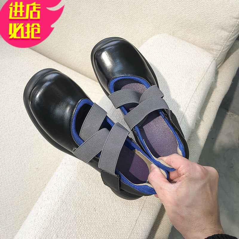金三志单鞋女2021年春季新款复古方头松糕厚底弹力带学院风jk玛丽珍鞋女休闲鞋
