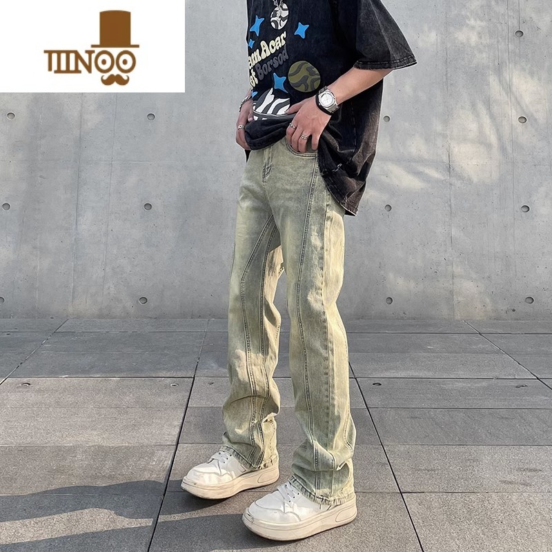YANXU美式高街vibe水洗做旧黄泥染牛仔裤男潮ins直筒微喇显瘦堆积裤子高清大图