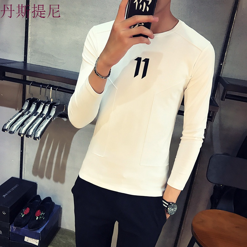 秋季男士长袖T恤韩版圆领打底衫字母印花潮学生衣服男装秋装上衣