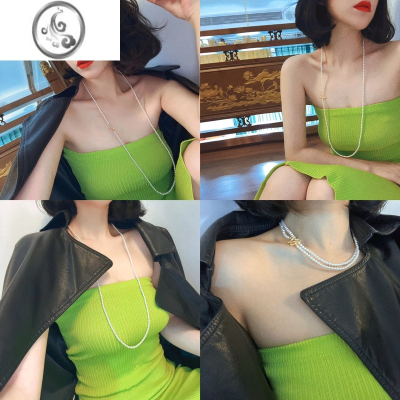 JiMi甜美4mm深海贝珠baby珠项链长款毛衣链双层链90厘米多种戴法