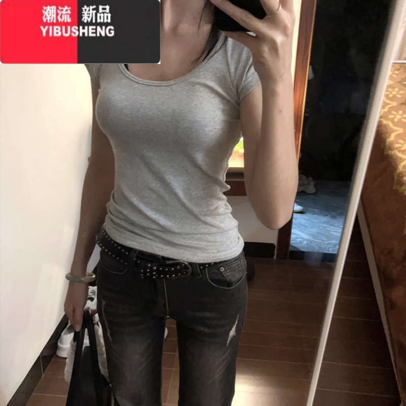 YIBUSHENG美式休闲灰色打底插肩袖T恤女2024季基础款百搭显瘦短袖上衣E高清大图