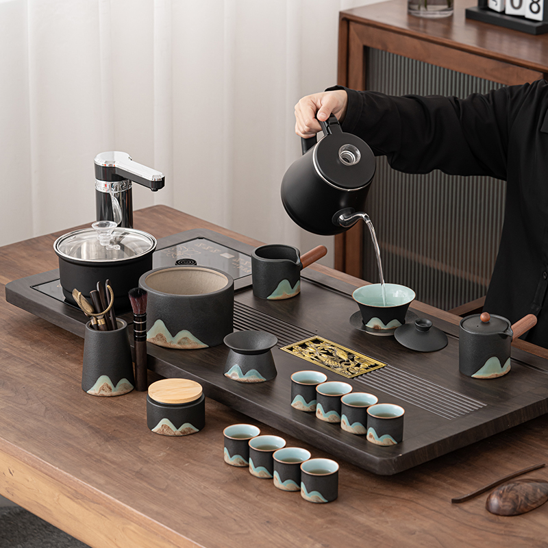 苏氏陶瓷(SUSHI CERAMICS)茶具套装自动烧水壶年年有余茶盘配整套国潮风釉画彩千里江山茶杯
