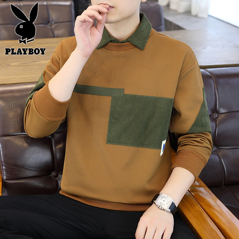 花花公子新款春秋长袖polo衫翻领卫衣T恤内搭衬衫领灯芯绒高清大图