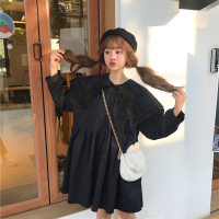 春季女装日系少女双层蕾丝边翻领宽松娃娃裙连衣裙长袖打底裙长裙黑色均码