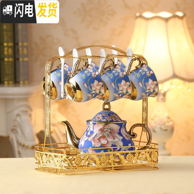 三维工匠描金水具套装客厅家用欧式陶瓷杯子耐热冷水壶凉水壶水杯具带架子 兰花-1壶6杯碟勺+架+配套果盘高清大图