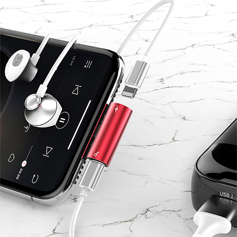 倍思耳机转接头适用苹果78 Xr Xs iphone11 Pro Max X连接线充电听歌二合一手机数据分线器一拖二红色