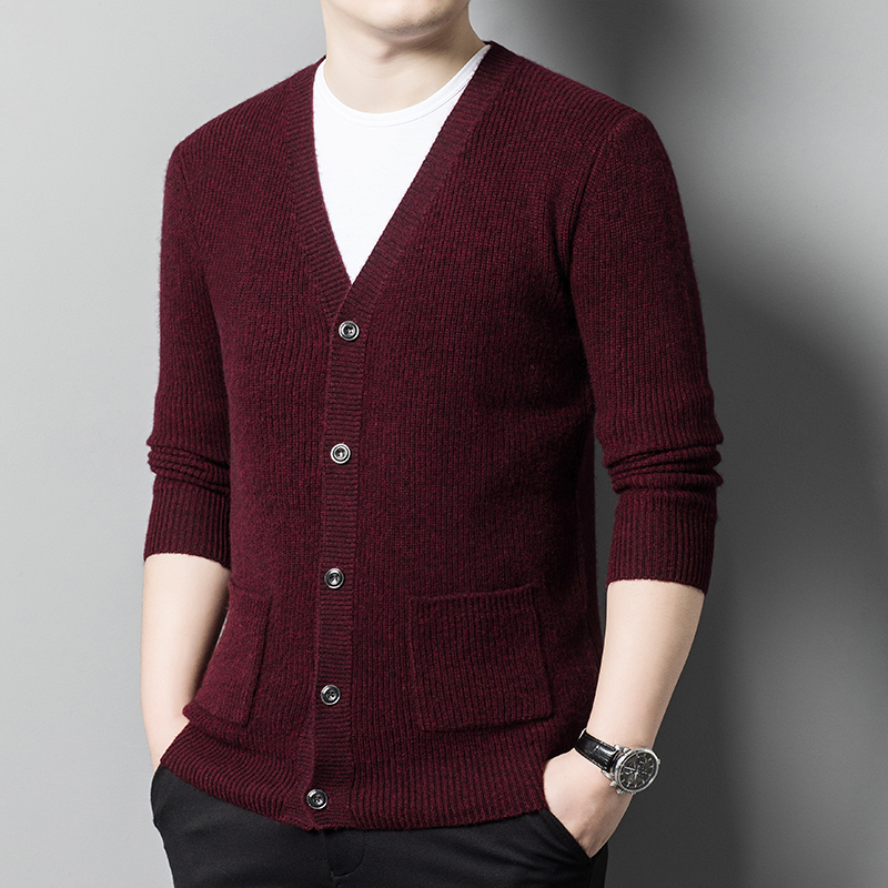 牧绒多斯秋冬新款100%纯羊绒加厚开衫中年男士v领外套系扣毛衣口袋山