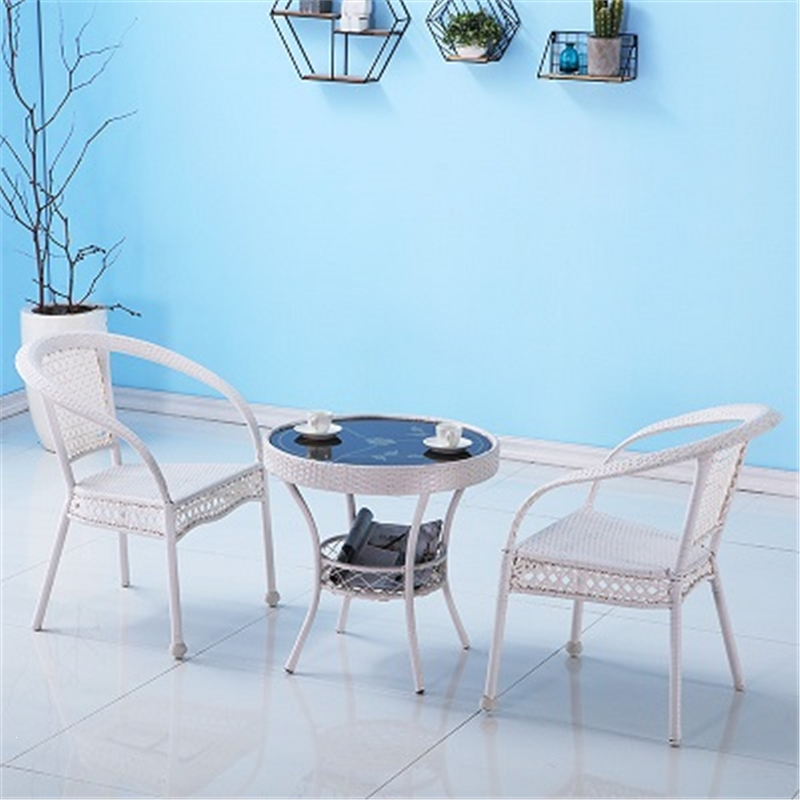 阳台小圆桌子简约现代藤阿斯卡利编休闲玻璃茶几圆形家用藤椅喝茶桌椅
