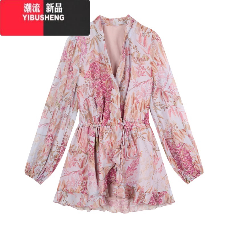 YIBUSHENG法式碎花v领长袖雪纺连衣裙女季高级感收腰裙子气质粉色a字短裙