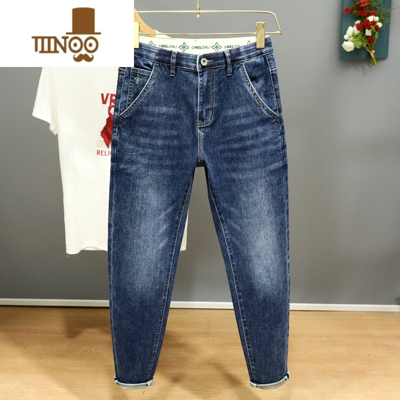 YANXU夏季薄款斜插袋牛仔裤男修身小脚弹力百搭休闲简约蓝色2023年长百高清大图