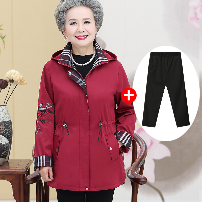 迪鲁奥（DILUAO)中老年人女秋装外套60岁70奶奶装宽松风衣老人衣服妈妈春秋上衣80_617 XL(建议75-100斤以内) 红色+裤子