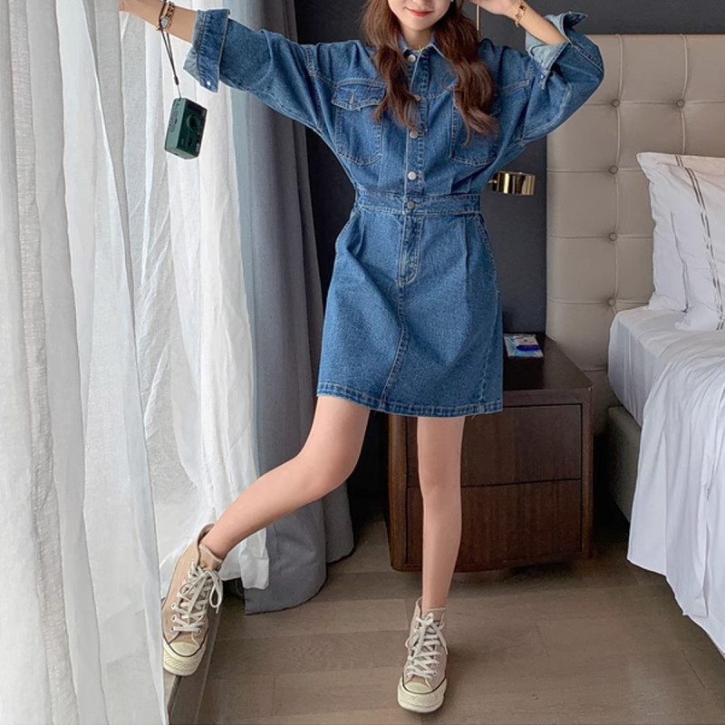 9元]唐狮秋冬新款女翻领牛仔长袖连衣裙减龄百搭韩版气质显瘦时髦