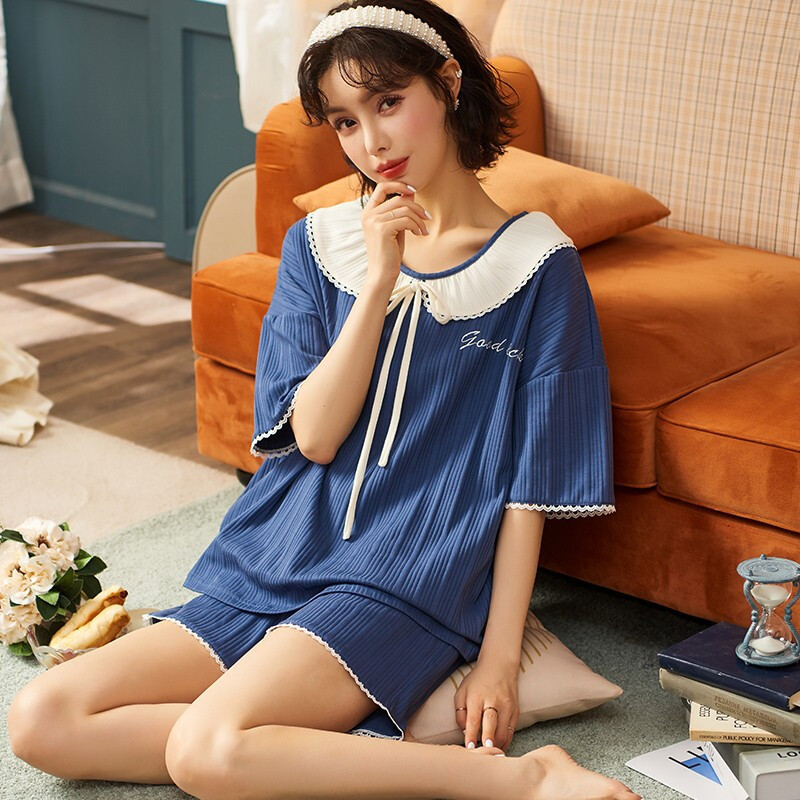 浪莎睡衣女夏季女士家居服纯棉可外穿套装公主风少女甜美可爱两件套装 藏青色 M(建议 藏青色-XL(建议120-140斤)