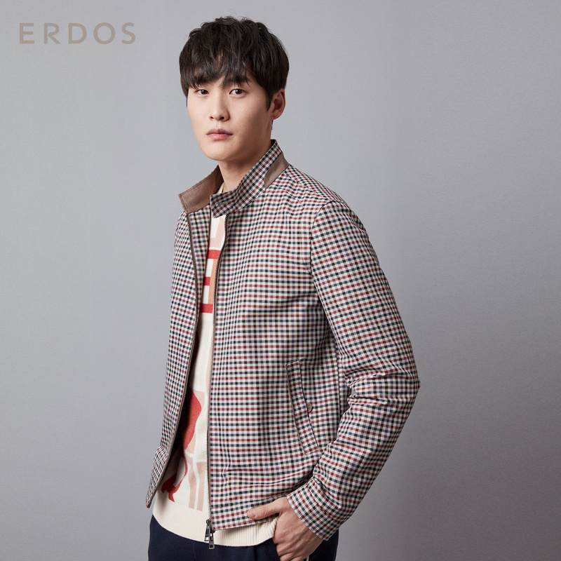 ERDOS 新款男士立领格纹夹克拉链短款上衣外套领口一粒扣