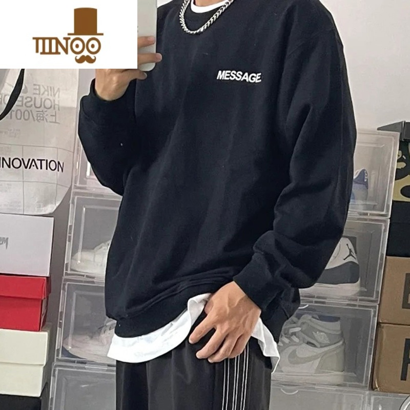 YANXUvintage潮牌街头嘻哈宽松长袖卫衣男美式圆领薄款简约上衣ins高清大图