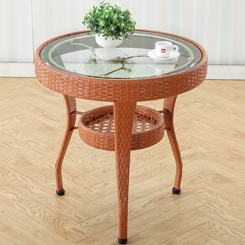 藤椅茶桌简约钢化玻璃小圆桌家用阳台小茶几圆形休闲喝茶闪电客桌椅