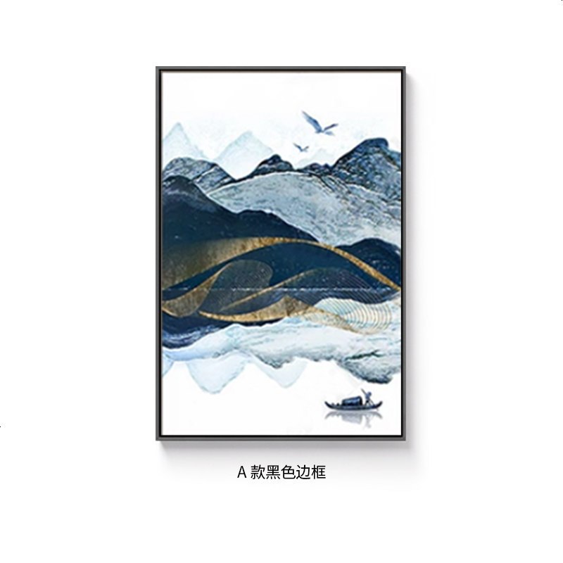 新中式禅意中国风水墨山水画抽象蓝色三联装饰画茶室墙画挂画壁画