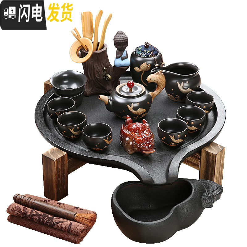 三维工匠家用石磨茶盘黑陶粗陶手绘紫砂哥窑汝窑功夫茶具陶瓷茶台茶托干泡 牛转乾坤茶盘*1 20件