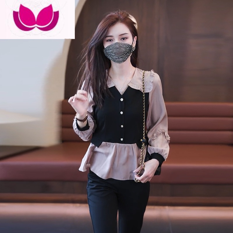 七斓时尚衬衫套装女2022春装新款小个子洋气假上衣九分裤套潮 香槟色上衣单件 2XL119-128斤