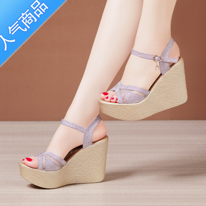 suntek11cm超高跟坡跟凉鞋女夏2023新款松糕底鱼嘴凉鞋镂空时尚鱼嘴