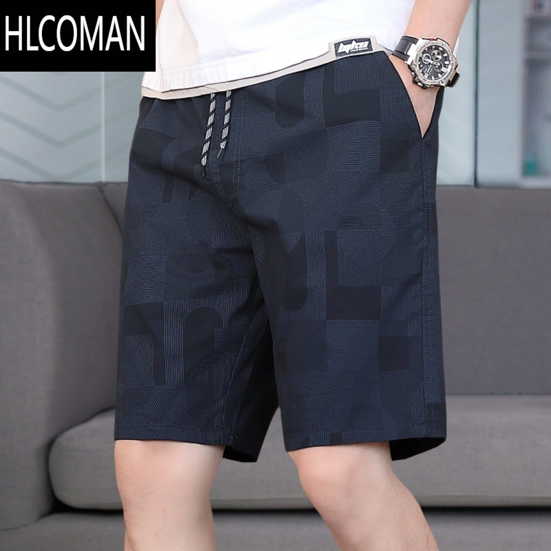 HLCOMAN2025新款男装印花黑色短裤男士夏季薄款外穿的潮牌休闲五分裤 黑蓝色 2XL