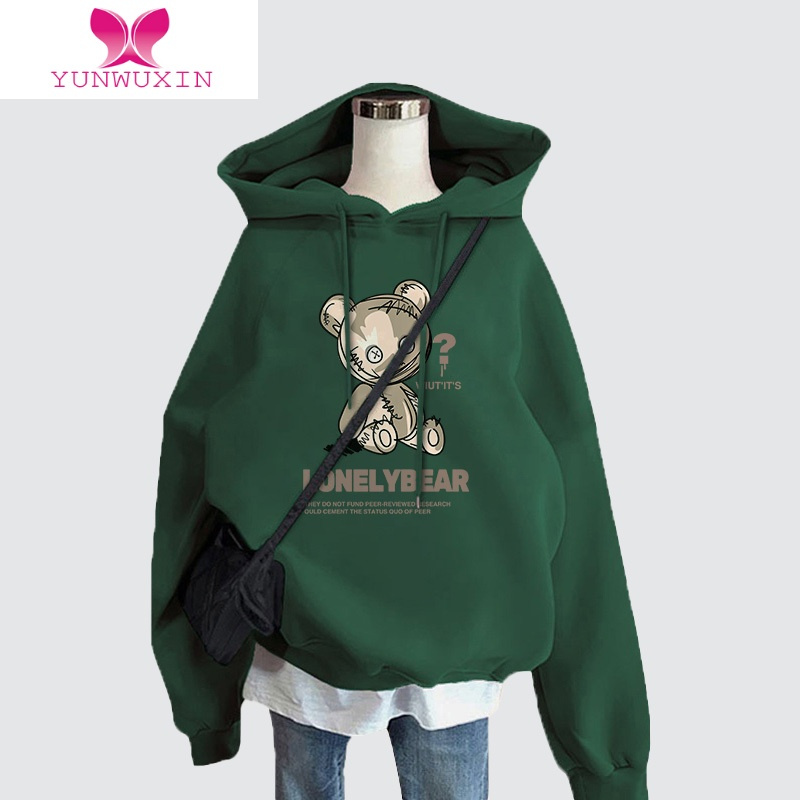 YUNWUXIN山东青岛即墨卫衣女连帽秋季薄款2022新款加绒加厚墨绿色宽松外套
