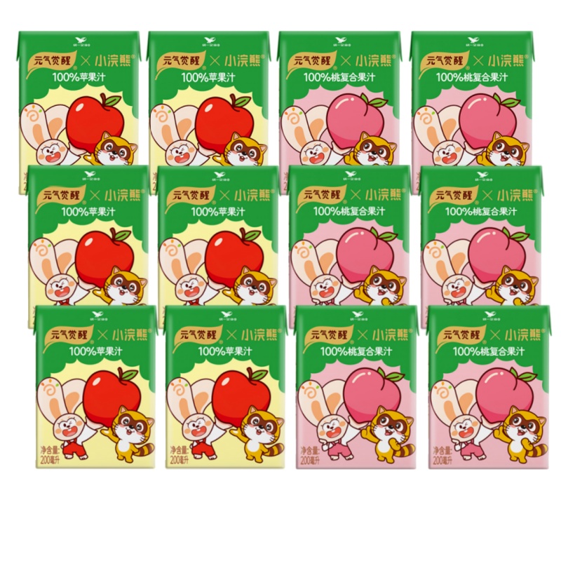 小浣熊联名】统一元气觉醒100%桃味苹果味便携装200ml*12盒混合果汁饮料