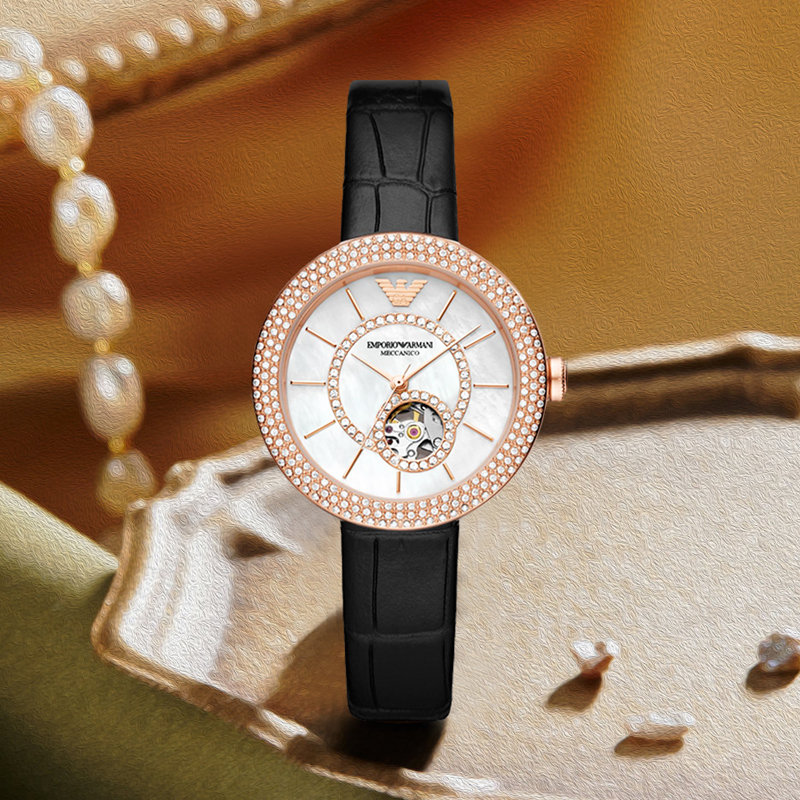 armani阿玛尼手表时尚简约镶钻小圆盘贝母表盘皮质表带机械女士腕表送