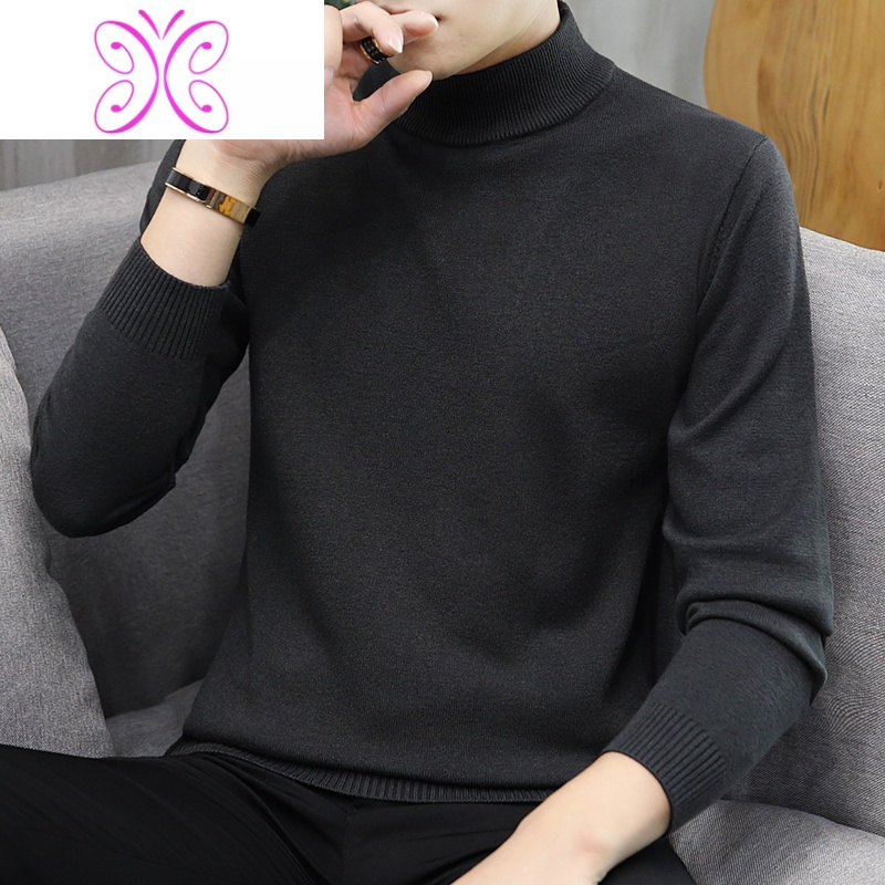 yuansu秋冬季男士毛衣半高领针织打底衫内搭潮流学生中领修身纯黑色线