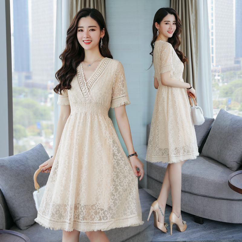 蕾丝连衣裙夏女士新品韩版高腰显瘦温柔风仙女裙子短袖v领中长裙
