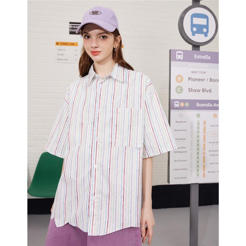 CACHE CACHE彩色条纹衬衫夏季新款宽松休闲衬衣ins潮女下摆不规则