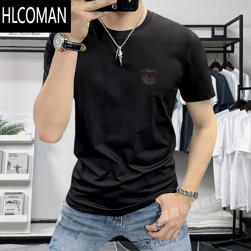 HLCOMAN欧洲站夏季短袖男2024年新款潮流印花T恤上衣修身体恤衫白色