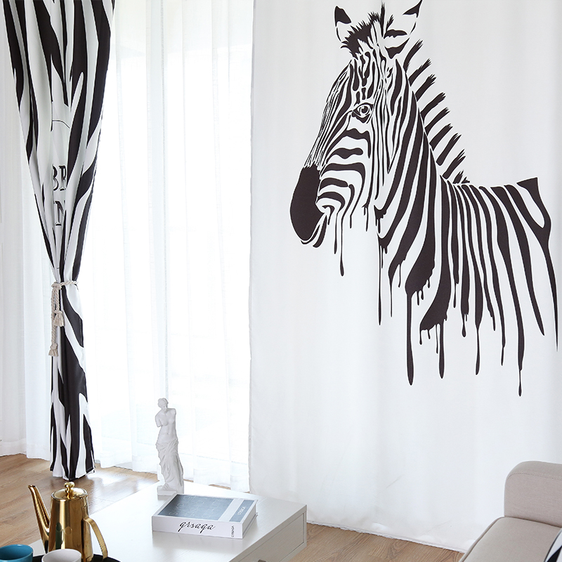 北欧风ins黑白斑马条纹窗帘半遮光客厅遮阳个性创意印花窗帘艺术高清大图