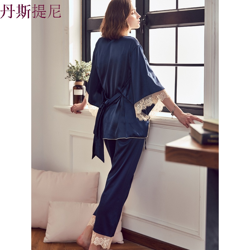 佩莎缇性感睡衣女长袖秋冬冰丝睡袍丝绸缎睡裙家居服蕾丝三件套装