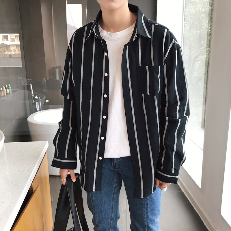夏季小清新百搭条纹长袖衬衫男士宽松青年外套学生韩版休闲上衣服