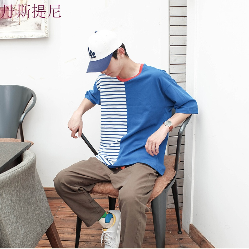 [买三免一]|“无法长大”红领对半开条纹拼素蓝T恤蓝色