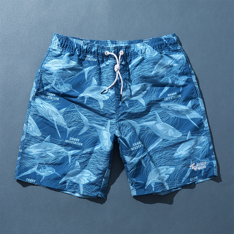 沙滩裤男宽松速干鲨鱼印花短裤夏季海边玩水游泳拍照有气势五分裤视频