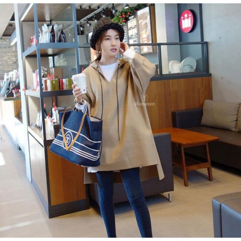 迪鲁奥（DILUAO)2021新款孕妇装秋冬孕妇上衣时尚款宽松长袖潮妈孕妇连帽外套B607-25 卡其色图片