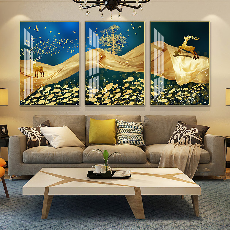客厅装饰画简约挂画沙发背景墙玄关壁画画餐 祥瑞福气(雅金) 80*100cm三联套装(建议4.2米以上沙发)(真晶瓷画)高清大图