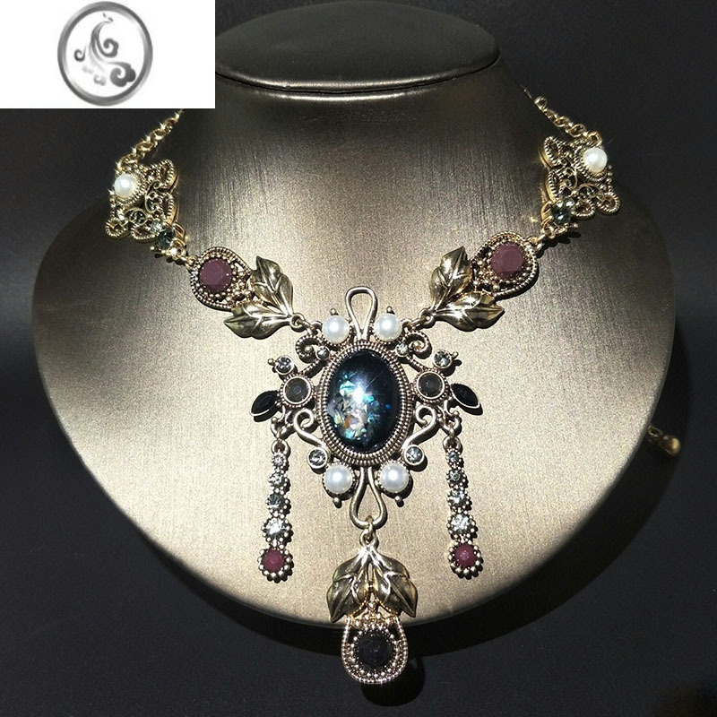 jimi欧美复古汉服项链女水晶珍珠锁骨链宝石吊坠毛衣链挂件百搭配饰品