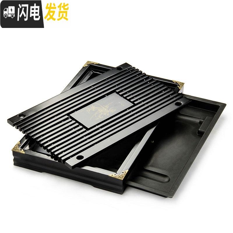 三维工匠简约 茶海茶托 实木茶盘茶具功夫茶台排水蓄水茶盘小号木质茶托盘 黑檀色金牡丹瓷石盘送排水管+排水球