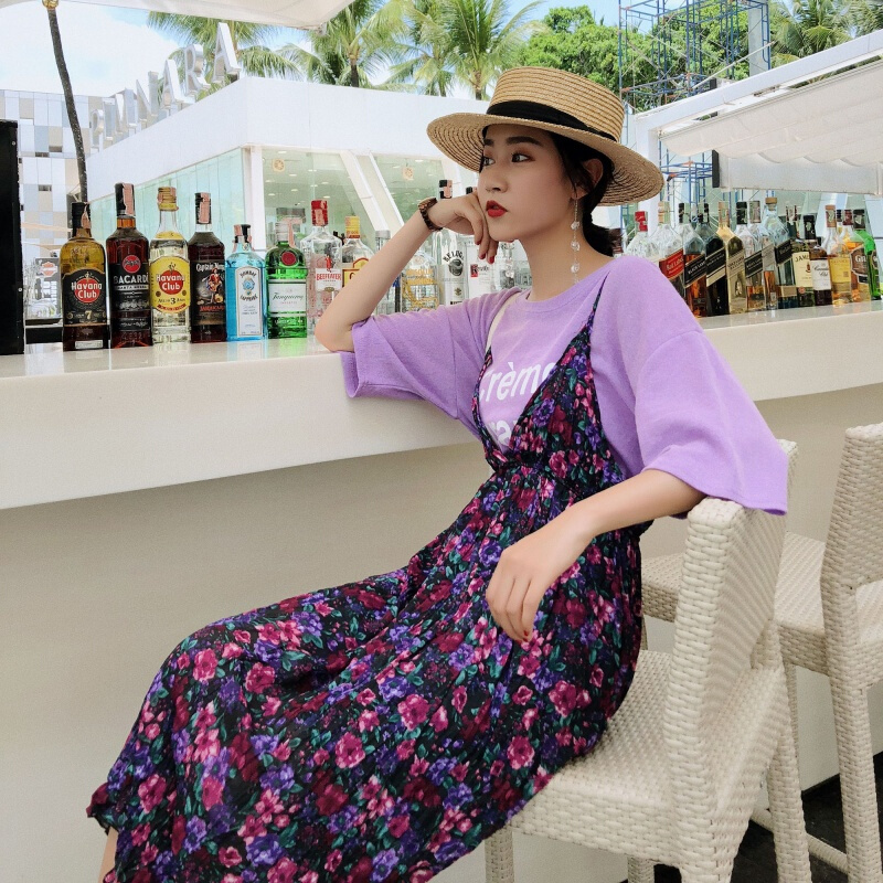 2018夏装新款女裙子 韩版时尚碎花带裙中长款V领高腰雪纺连衣裙 图片色 均码