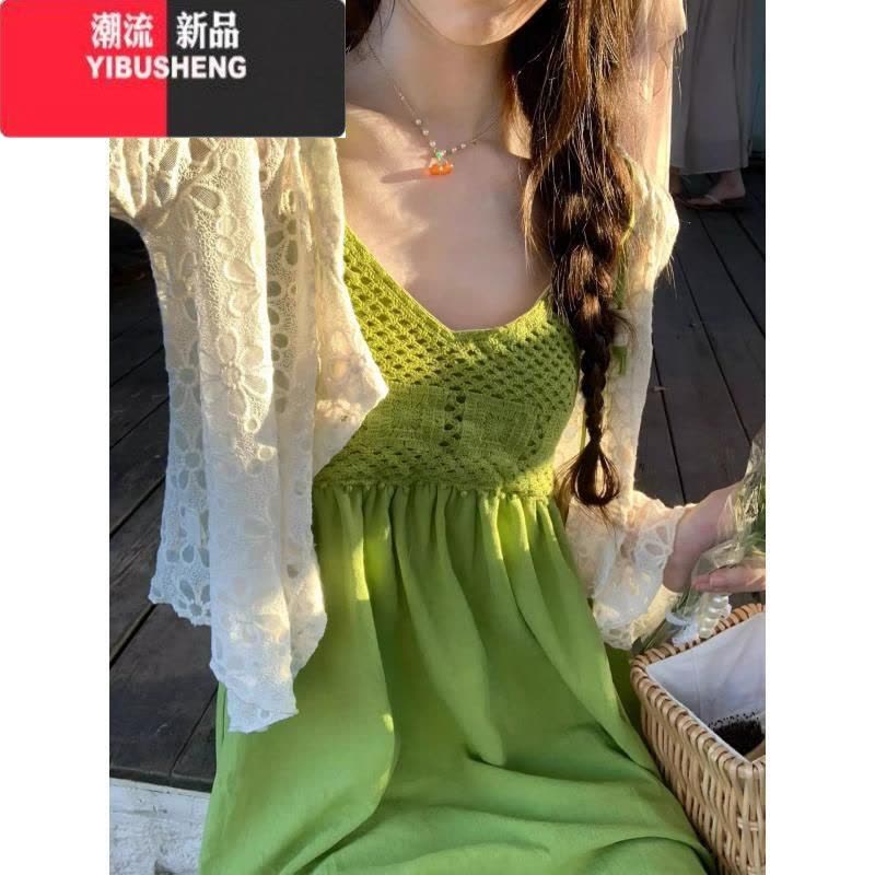 YIBUSHENG波西米亚牛油果绿流苏吊带连衣裙女外穿多巴胺娃娃裙开衫两件图片