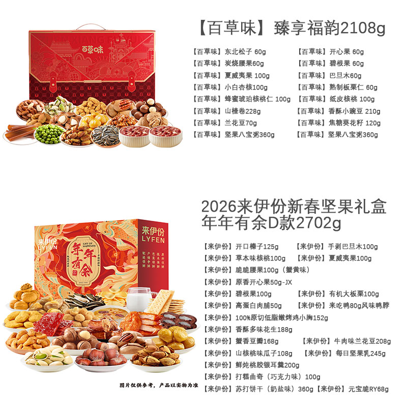 百草味 臻享福韵2108g+2026来伊份新春坚果礼盒年年有余D款2702g 过节礼品榛子碧根果夏威夷果开心果
