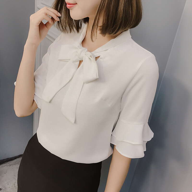 蝴蝶结短袖衬衫女夏2018韩版修身百搭白色衬衣女雪纺衫职业装白色9979