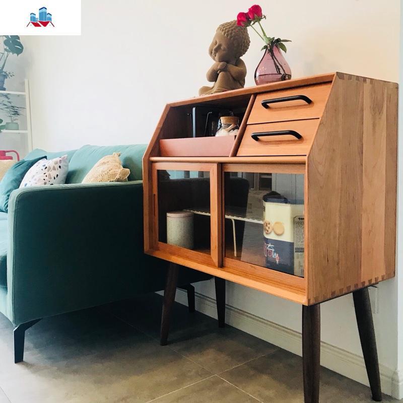 北欧简约玻璃餐边柜实木茶水柜现代沙发边柜厨房储物柜玄关柜碗柜 泰空仓