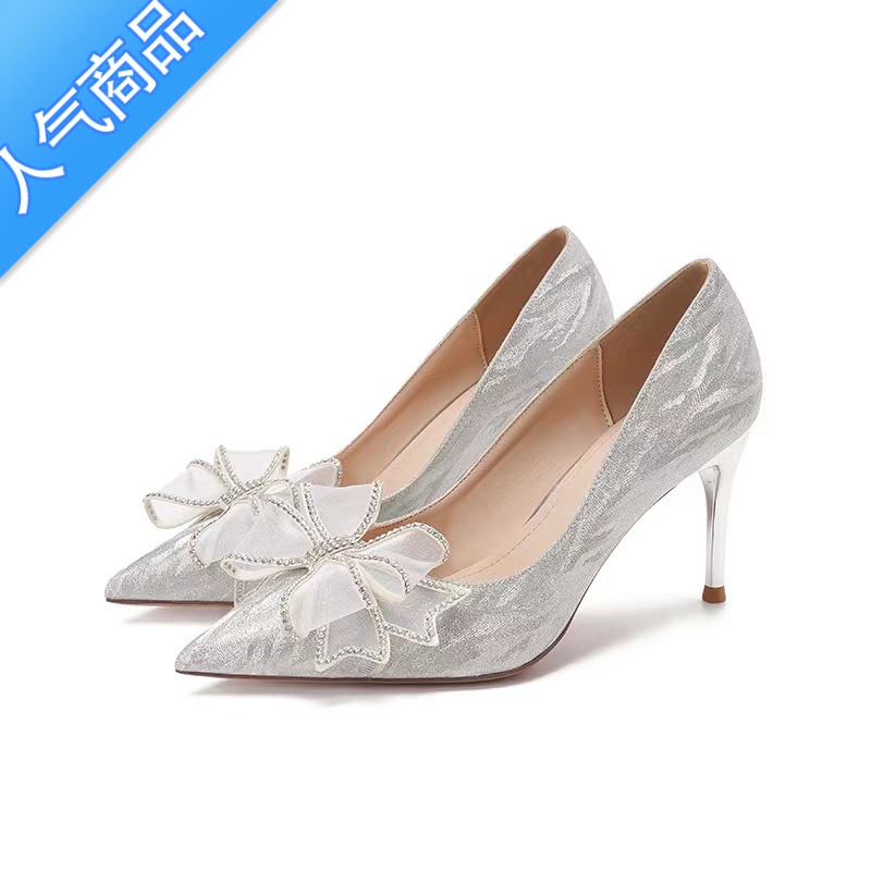 SUNTEK水晶银色2023新款蝴蝶结礼服高跟鞋女细跟尖头伴娘成人礼细跟单鞋高清大图