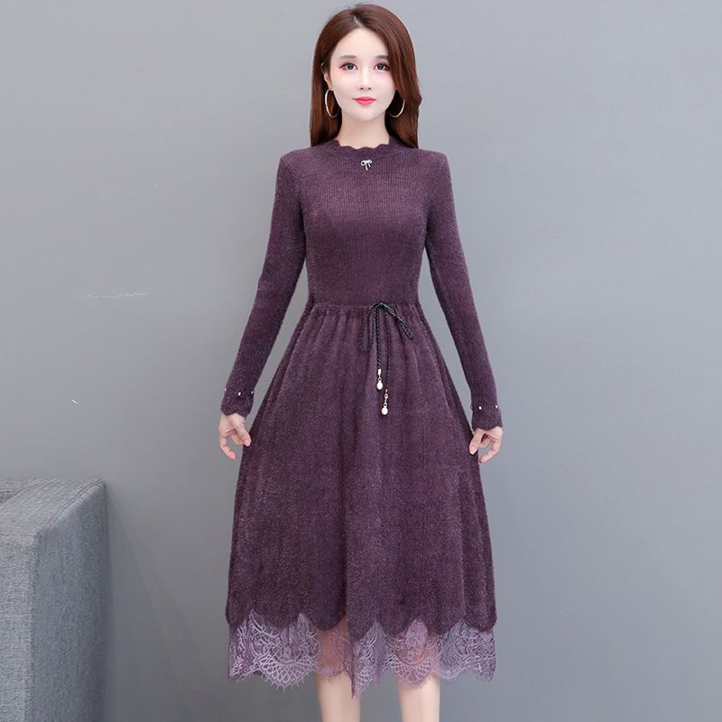 仿水貂绒针织连衣裙女秋冬2020新款毛衣裙中长款配大衣过膝打底裙